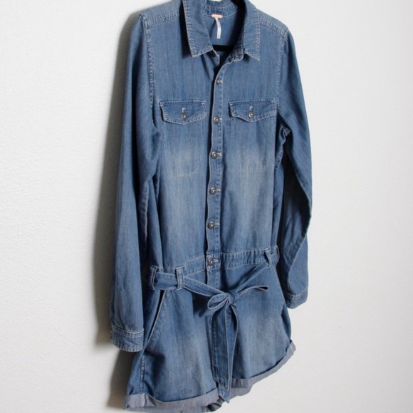 Free people chambray romper long sleeve denim L - Picture 4 of 7